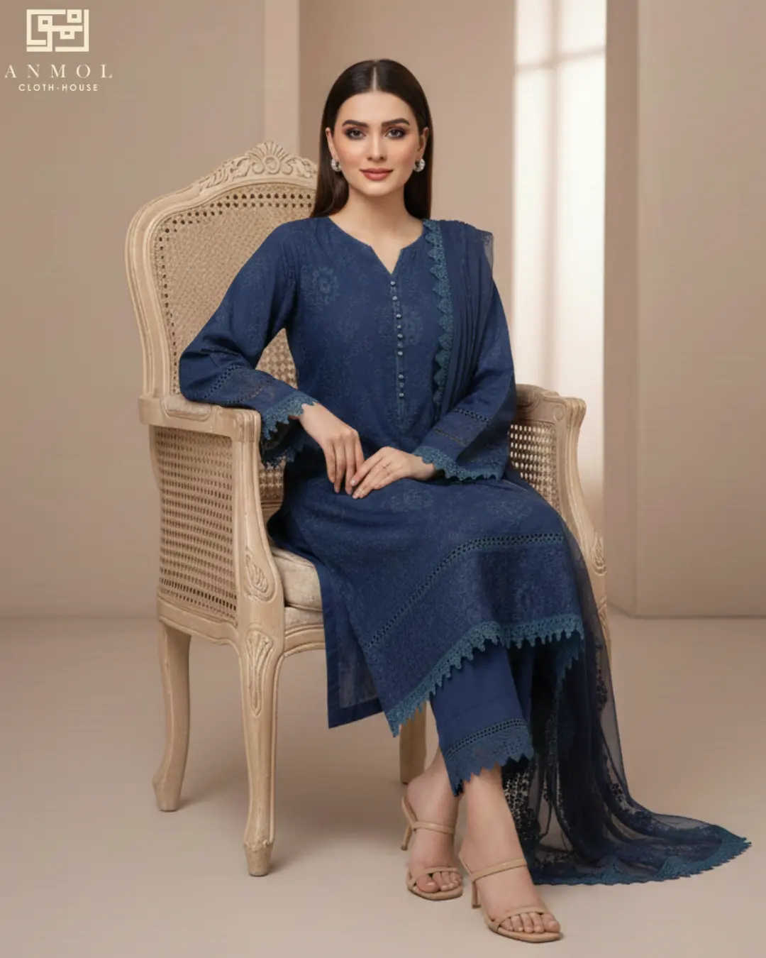 AALAYA Women's 3 Piece Embroidered Lawn