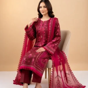 ZELLBURY Elegant Digital Printed 3 Pc Lawn Suit - (Maroon Shade)