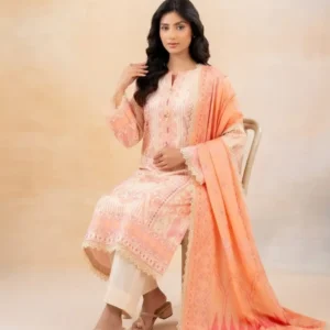 ZELLBURY Elegant Printed 3 Pc Lawn Suit - (Light Orange Shade)
