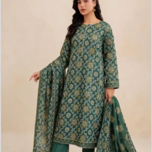 ZELLBURY Elegant Printed 3 Pc Lawn Suit - (Olive Green Shade)