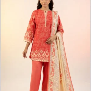 ZELLBURY Elegant Printed 3 Pc Lawn Suit - (Peach Shade)